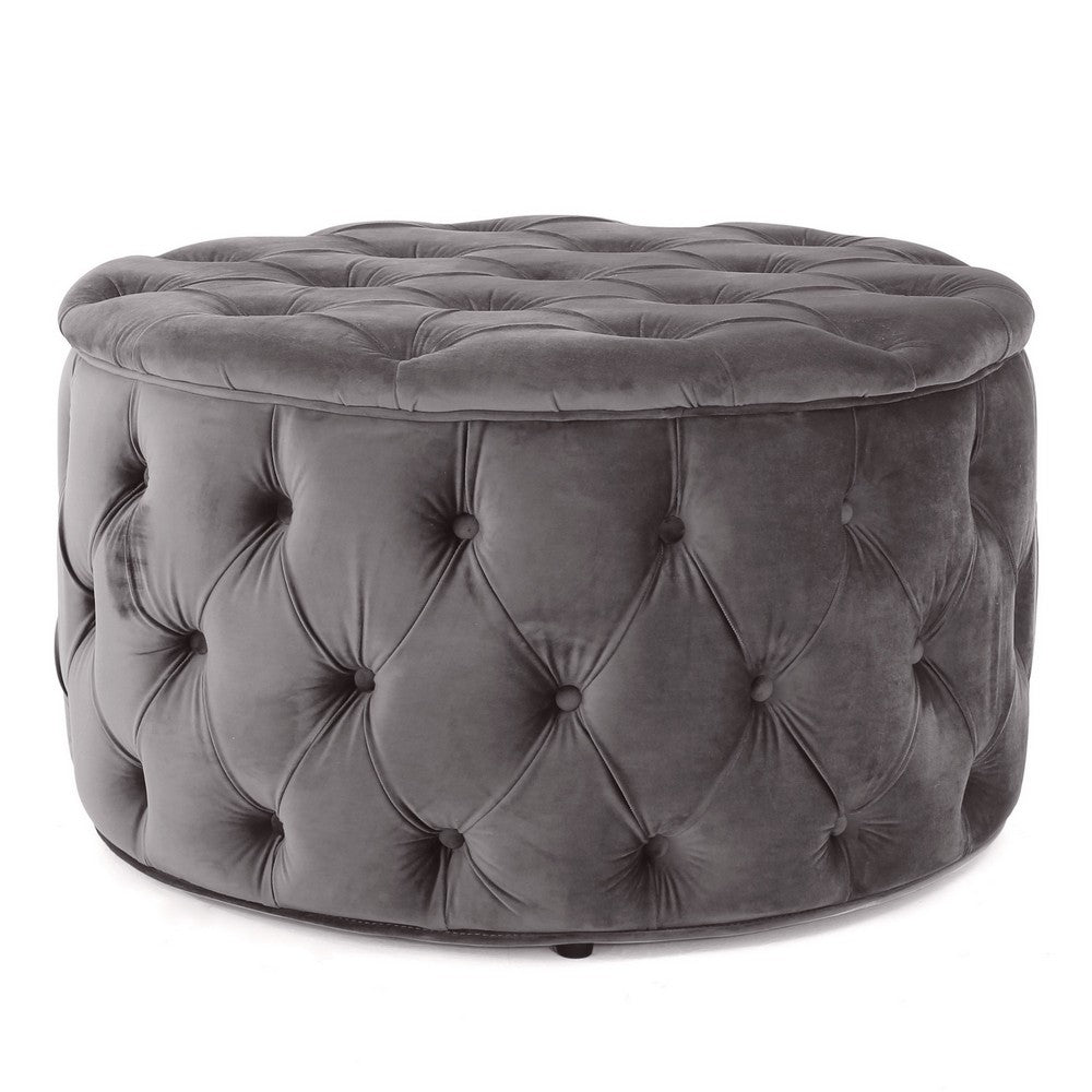 Keja Ottoman, Tufted Dark Gray Velvet, Soft Cushioning, Round 30 Inch - BM327094