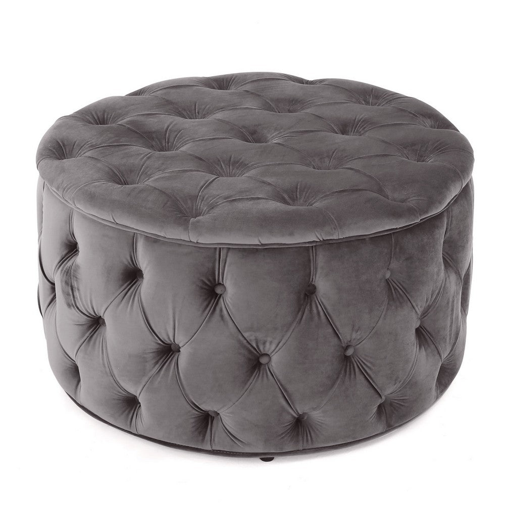Keja Ottoman, Tufted Dark Gray Velvet, Soft Cushioning, Round 30 Inch - BM327094