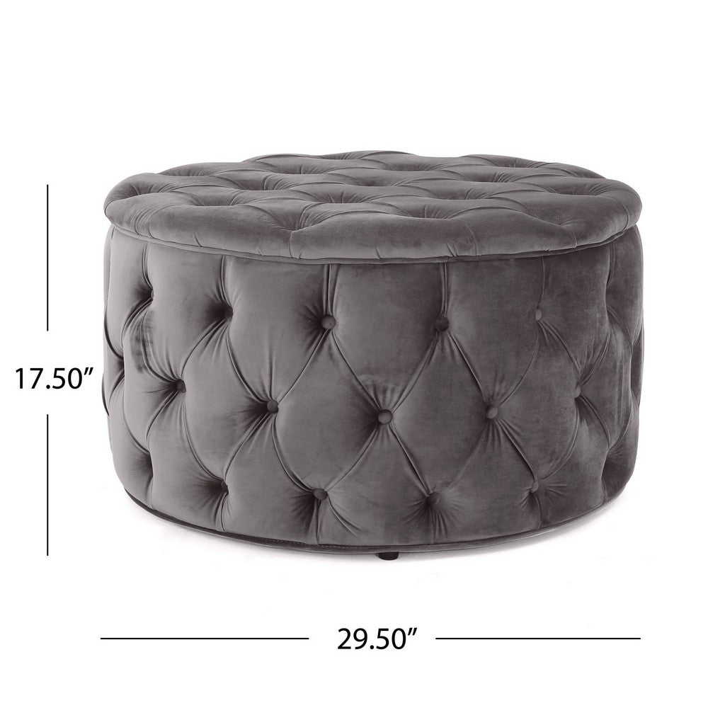 Keja Ottoman, Tufted Dark Gray Velvet, Soft Cushioning, Round 30 Inch - BM327094