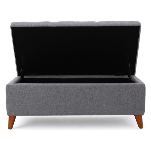 Storage Ottoman Bench, Gray Fabric Cushions, Brown Wood Legs, 38 Inch - BM327098