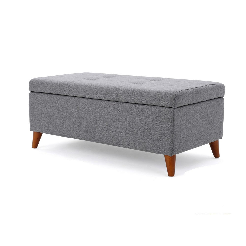 Storage Ottoman Bench, Gray Fabric Cushions, Brown Wood Legs, 38 Inch - BM327098