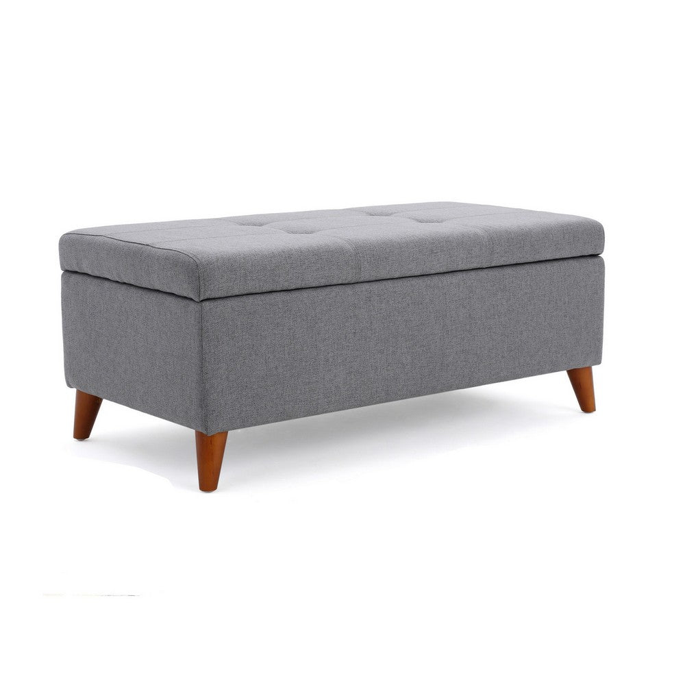 Storage Ottoman Bench, Gray Fabric Cushions, Brown Wood Legs, 38 Inch - BM327098
