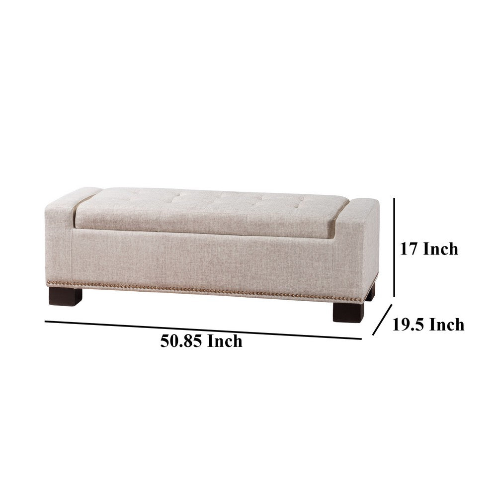 Abigail Storage Ottoman Bench, Nailhead Trim, Wheat Fabric, 51 Inch - BM327099