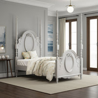 Auri Twin Size Poster Bed, Arch Headboard, Classic Floral Motifs, Gray - BM327215