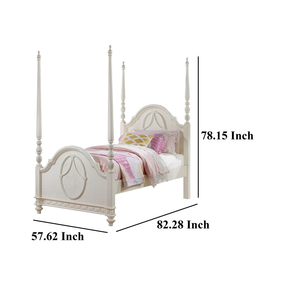 Dorie Full Size Poster Bed, Embossed Floral and Oval Molding, Ivory  - BM327218