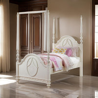 Dorie Full Size Poster Bed, Embossed Floral and Oval Molding, Ivory  - BM327218