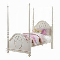 Dorie Twin Size Poster Bed, Embossed Floral and Oval Molding, Ivory  - BM327219
