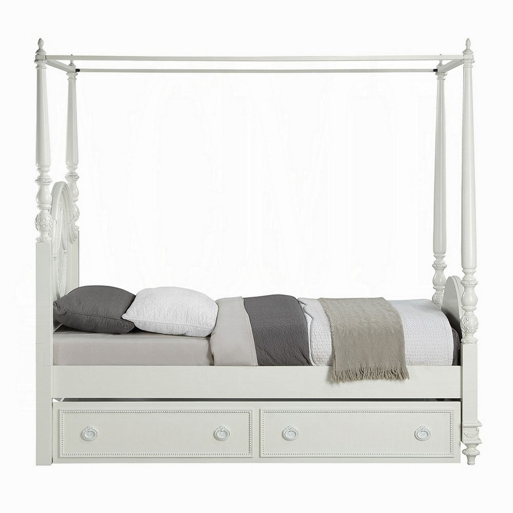 Dorie Twin Size Poster Bed, Embossed Floral and Oval Molding, Ivory  - BM327219