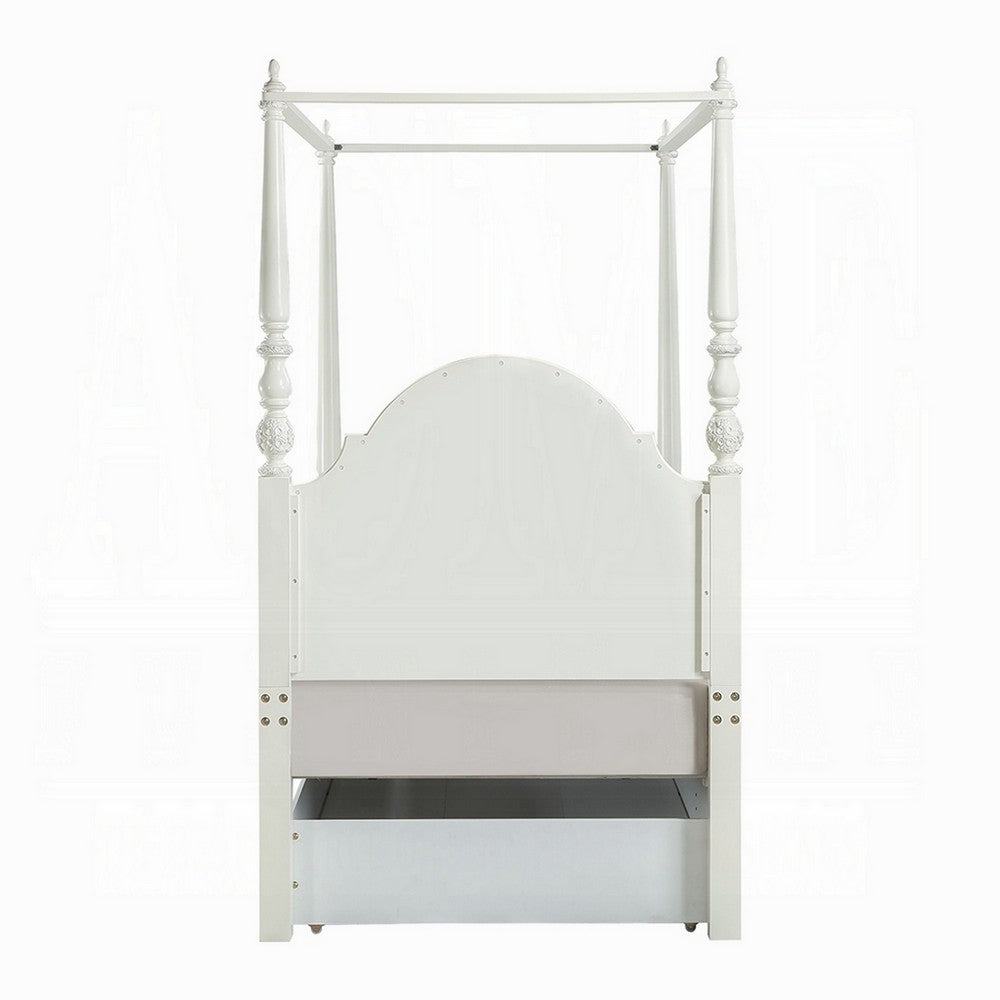 Dorie Twin Size Poster Bed, Embossed Floral and Oval Molding, Ivory  - BM327219