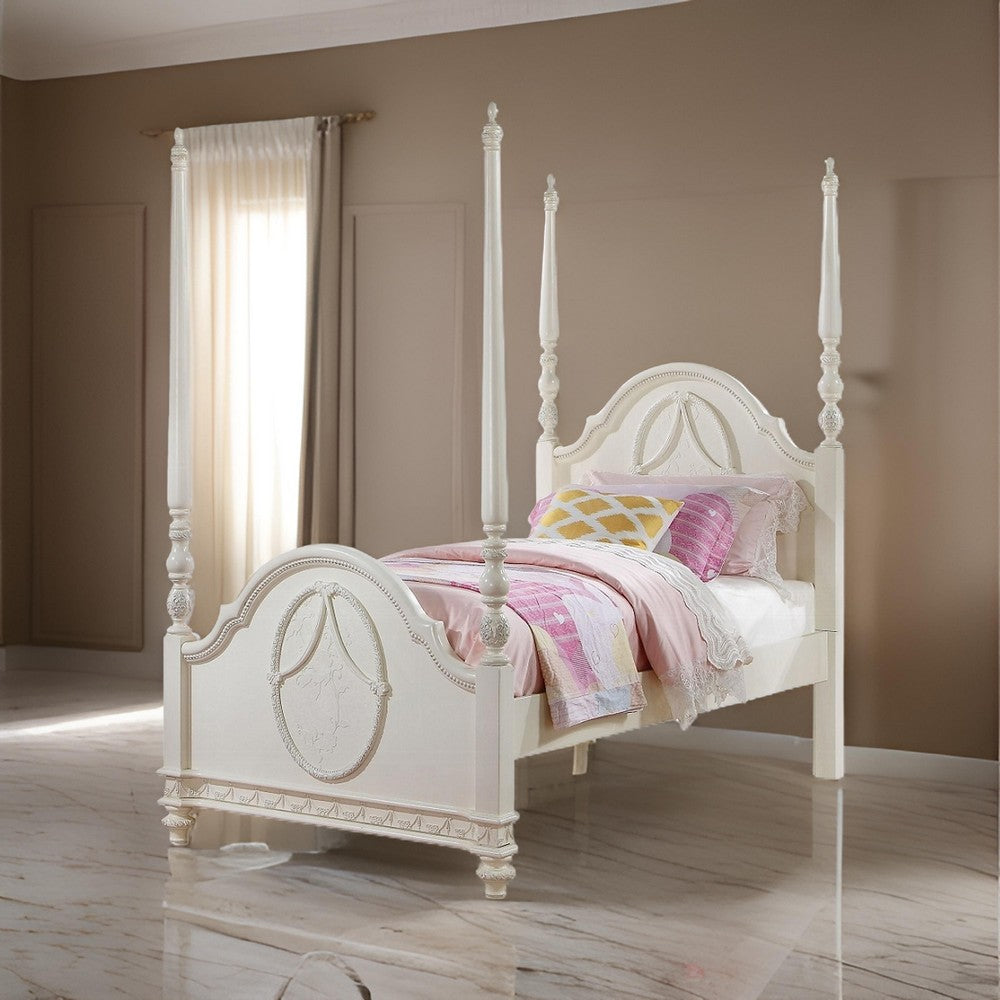 Dorie Twin Size Poster Bed, Embossed Floral and Oval Molding, Ivory  - BM327219