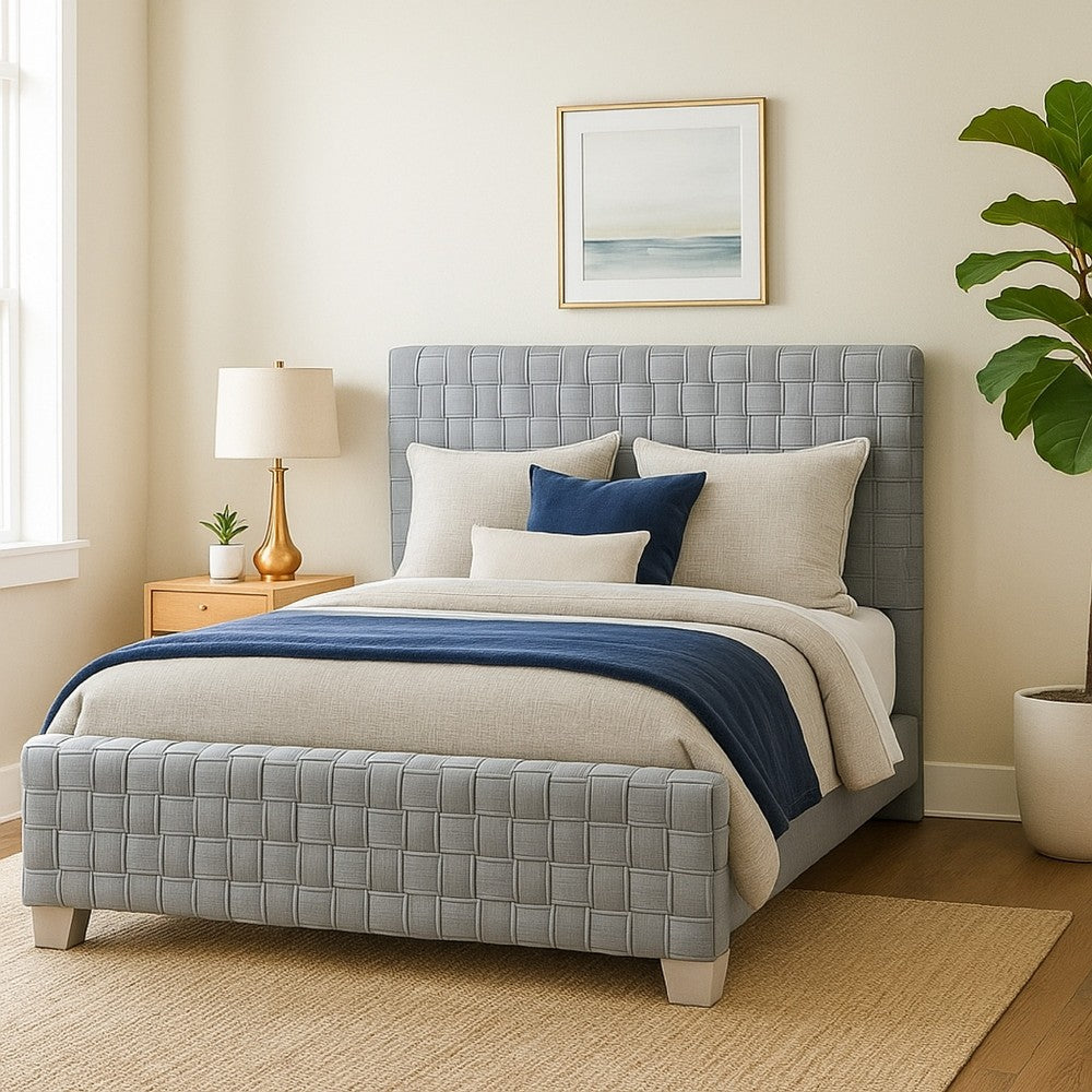 Reah Queen Size Bed, Light Teal Blue Chenille, Gray Panel Headboard - BM327223