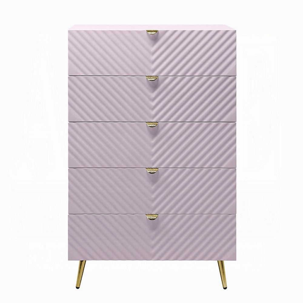 Tyra Tall Dresser Chest, 5 Drawers, Gold, Gloss Pink Chevron Pattern - BM327227
