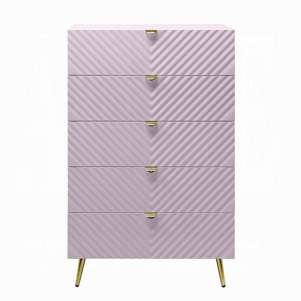 Tyra Tall Dresser Chest, 5 Drawers, Gold, Gloss Pink Chevron Pattern - BM327227