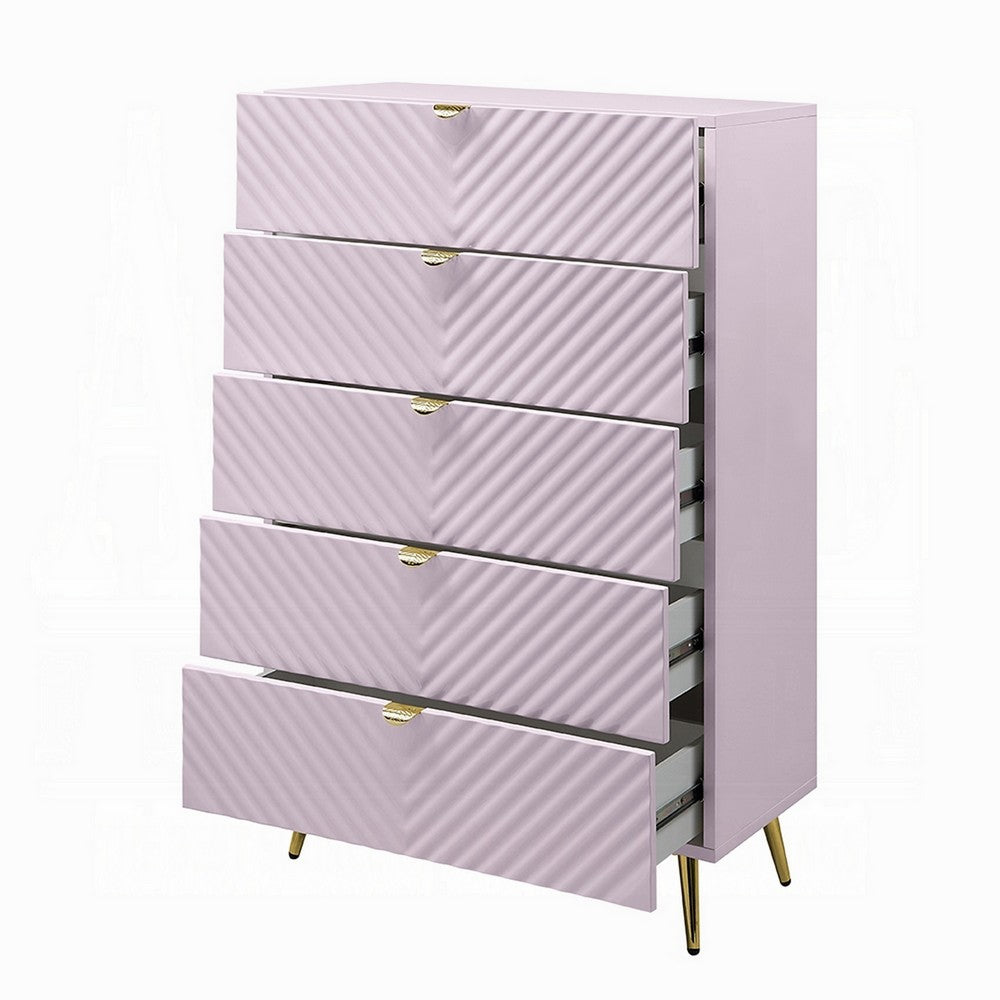 Tyra Tall Dresser Chest, 5 Drawers, Gold, Gloss Pink Chevron Pattern - BM327227