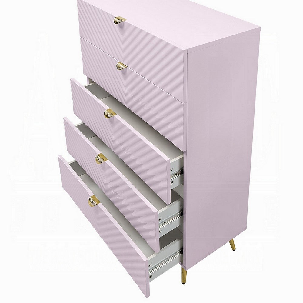 Tyra Tall Dresser Chest, 5 Drawers, Gold, Gloss Pink Chevron Pattern - BM327227