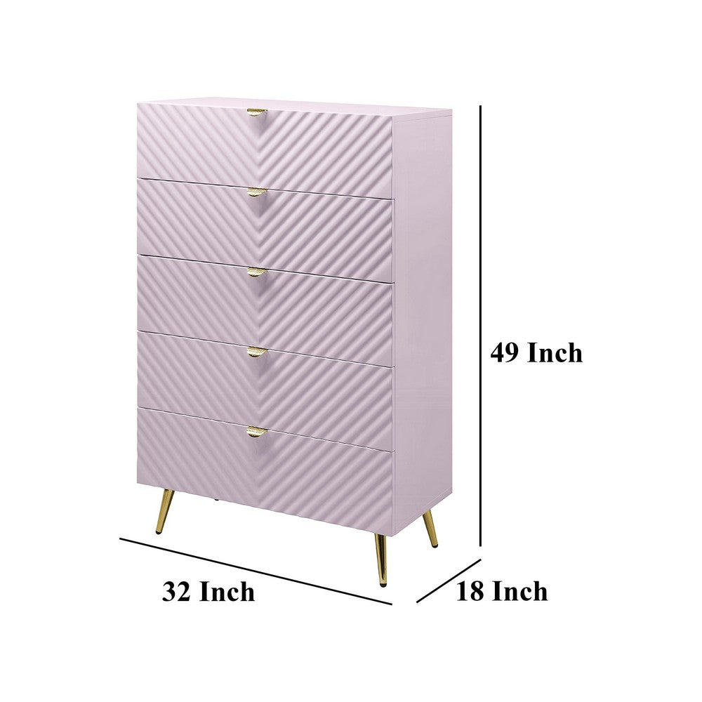 Tyra Tall Dresser Chest, 5 Drawers, Gold, Gloss Pink Chevron Pattern - BM327227