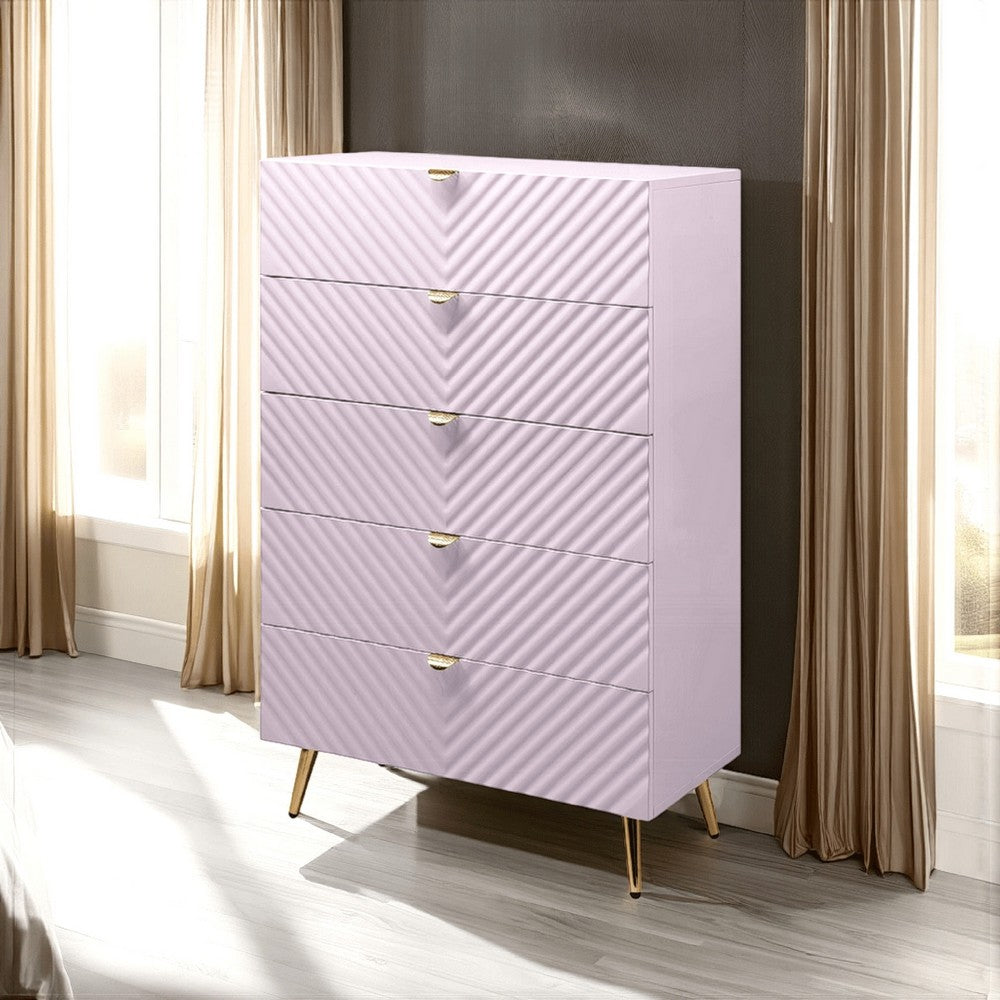 Tyra Tall Dresser Chest, 5 Drawers, Gold, Gloss Pink Chevron Pattern - BM327227