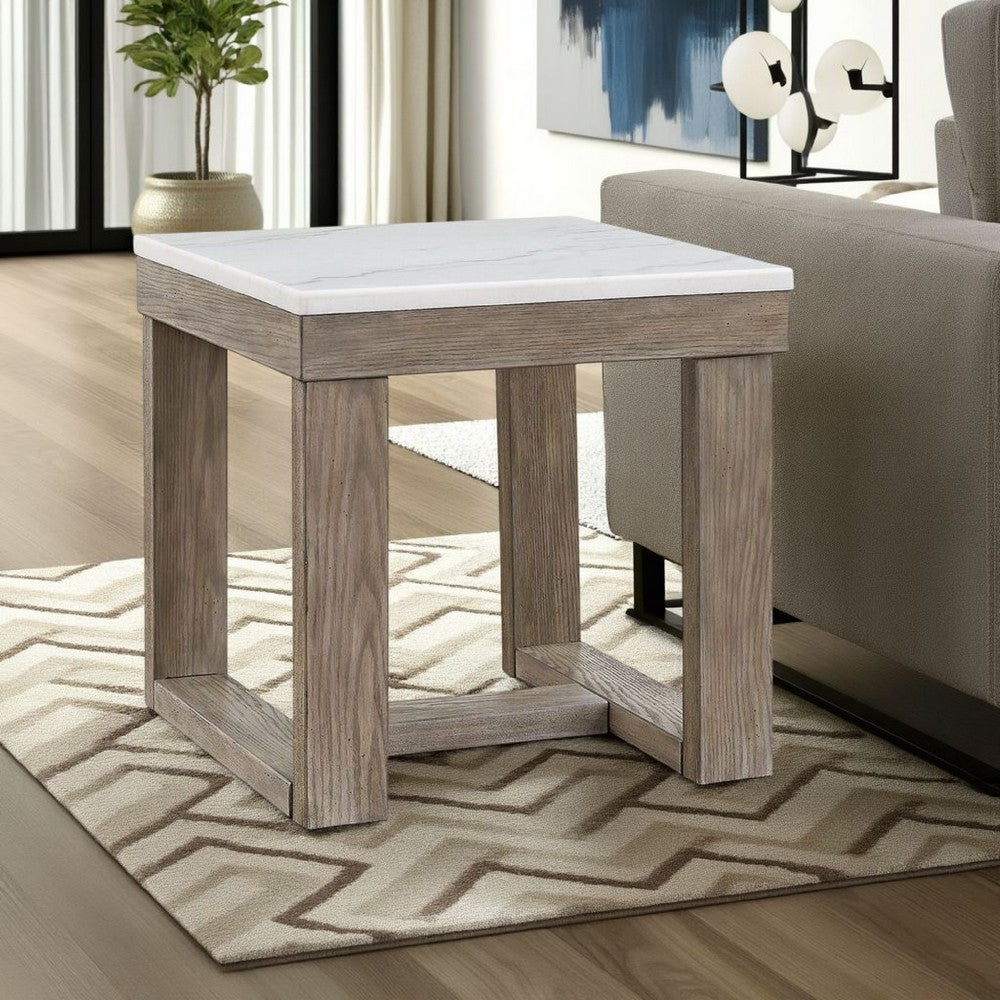 Aska Side End Table, Block Profile, Marble, 24 Inch Taupe Gray Wood -BM327327