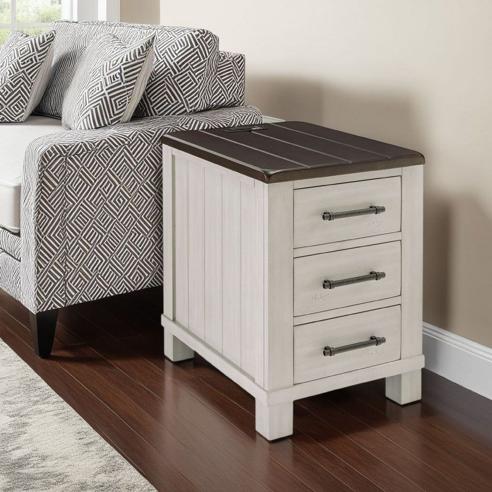 Barb Chairside End Table, 3 Drawers, 24 Inch Glazed Gray Acacia Wood -BM327332