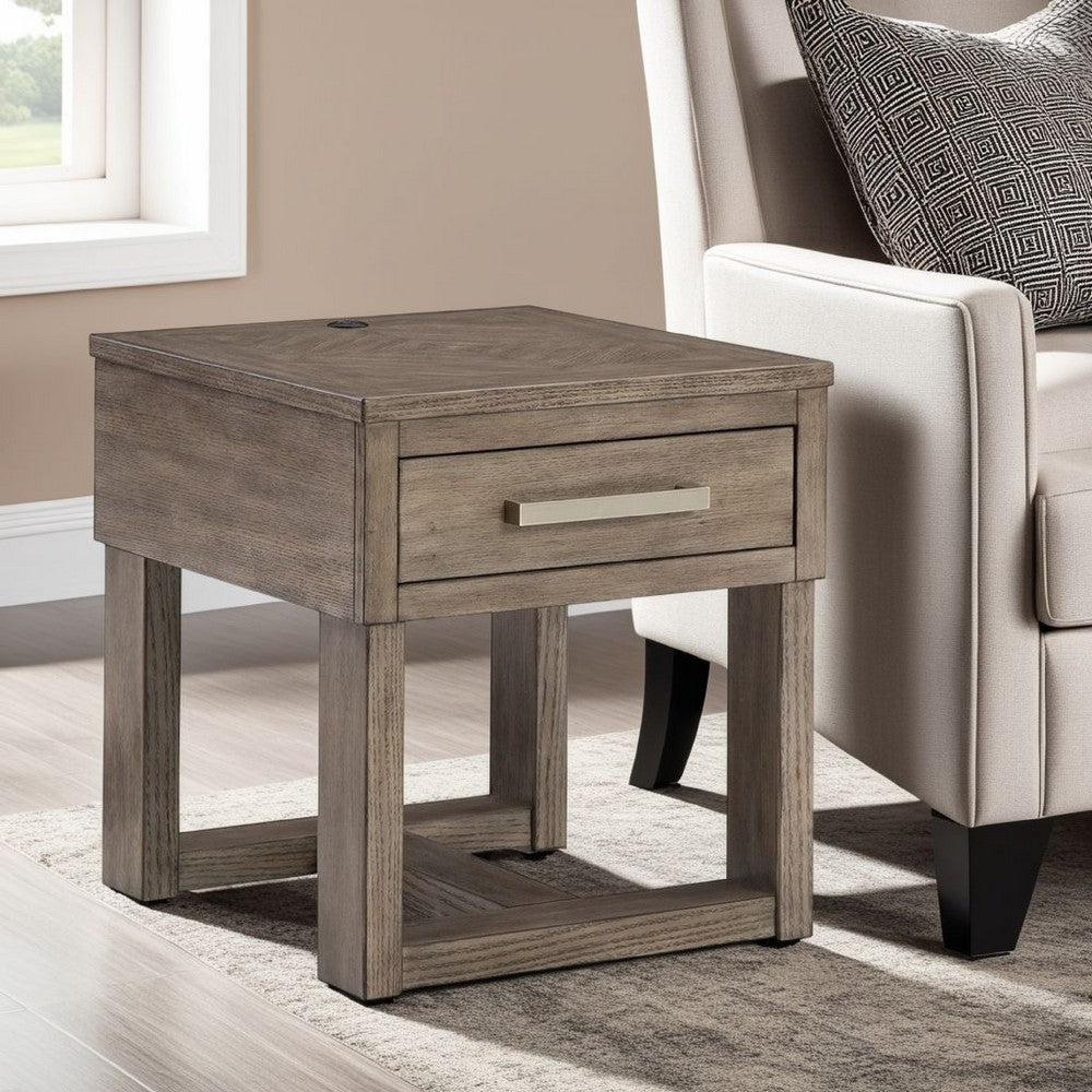 Aska Rectangular Side End Table with Drawer, USB Port, 24 Inch Gray -BM327343