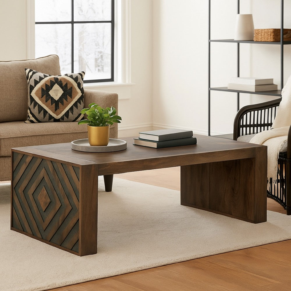 Dreg Cocktail Coffee Table with Diamond Cut Design, Brown Panel Legs -BM327347