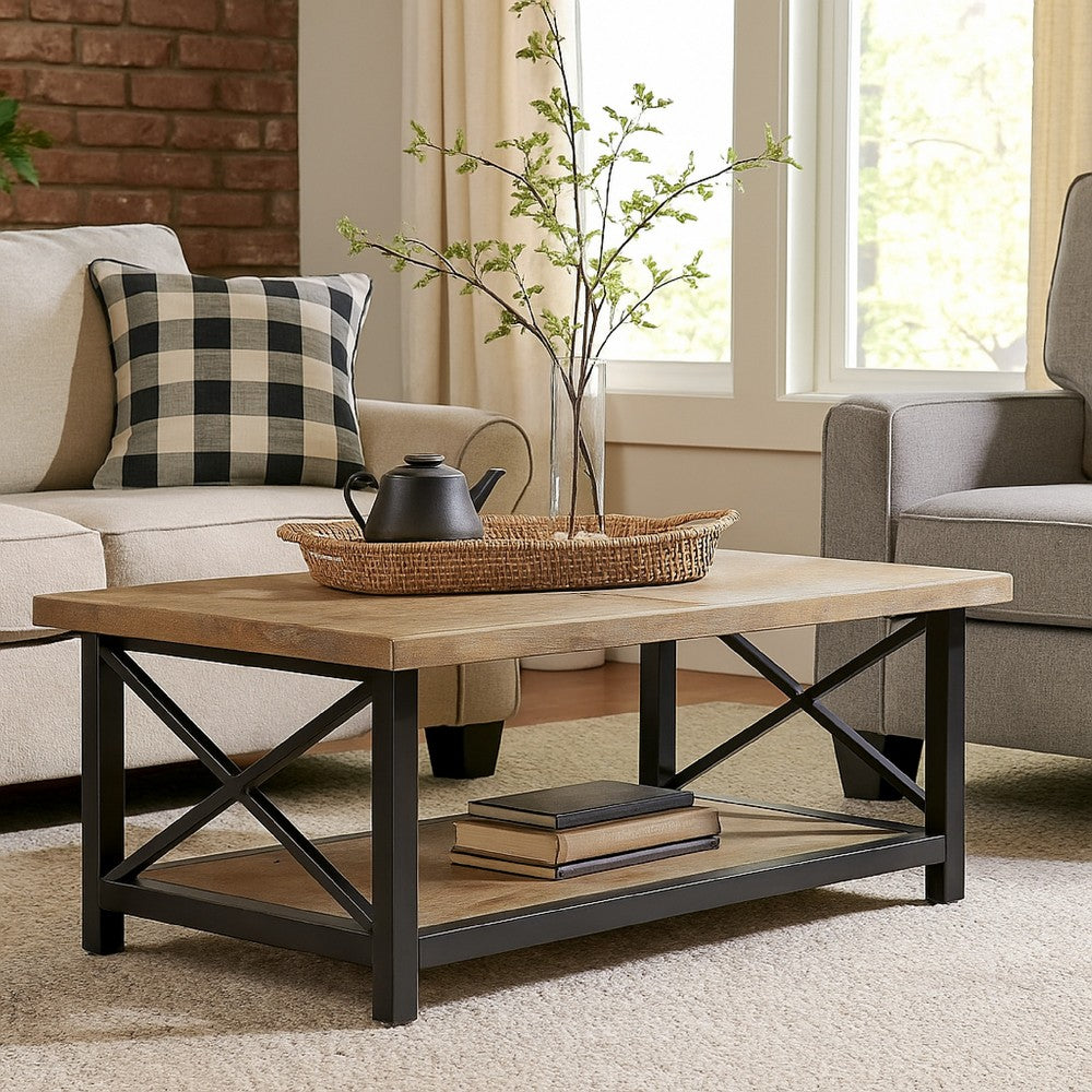 Sten Coffee Table, Rectangular Brown Mango Wood, 46 Inch Black Metal -BM327348