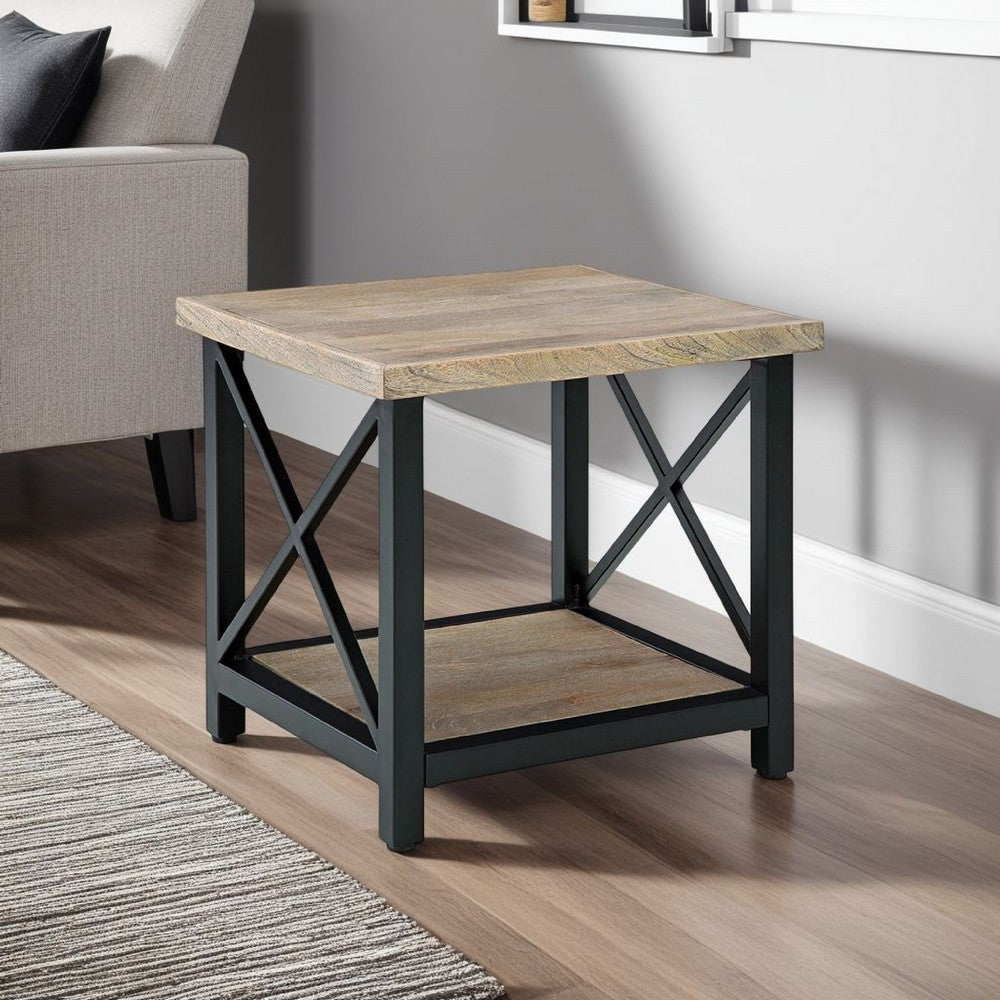 Sten Side End Table, Shelf, Rustic Brown Wood, 24 Inch Black Metal -BM327349