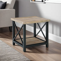 Sten Side End Table, Shelf, Rustic Brown Wood, 24 Inch Black Metal -BM327349