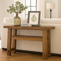 Ack Sofa Console Table, Slatted Shelf, Block legs, 48 Inch Brown Wood -BM327350