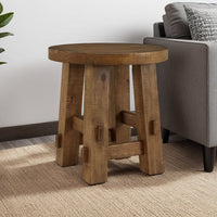 Ack Round Side End Table, Sturdy Block Legs, 24 Inch Brown Pine Solids -BM327351