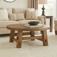 Ack Round Cocktail Coffee Table, Block Legs, 40 Inch Brown Pine Wood -BM327352