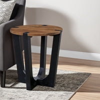 Leyi Round Side End Table, Black Angled Legs, 22 Inch Brown Mango Wood -BM327353