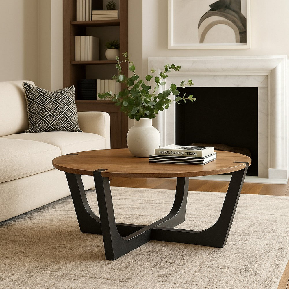 Leyi Round Coffee Table, Angled Legs, 44 Inch Brown Mango Wood -BM327354