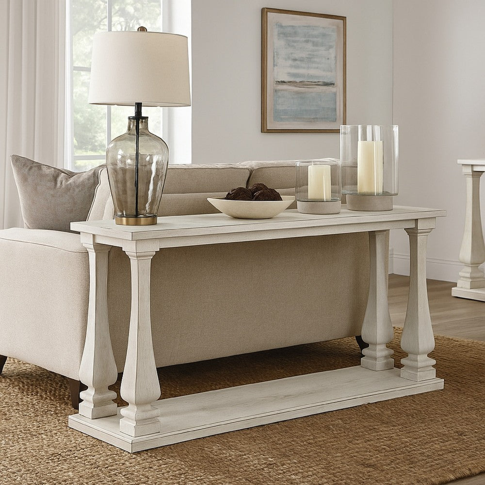 Dyne Sofa Console Table, Plank Top, Baluster Base, 60 Inch White -BM327364