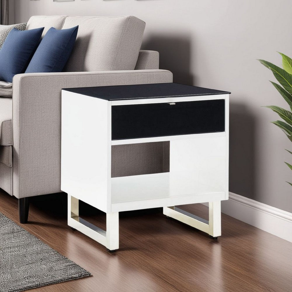Tonny Side End Table, Drawer and Shelf, Black Glass, White, 22 Inch -BM327369