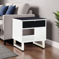 Tonny Side End Table, Drawer and Shelf, Black Glass, White, 22 Inch -BM327369