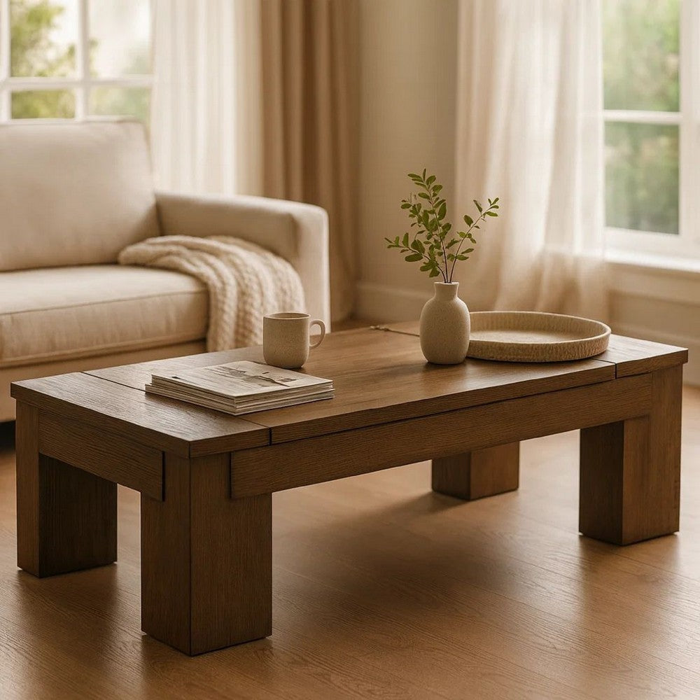 Wain Lift Top Cocktail Coffee Table, 54 Inch Rustic Brown Solid Wood -BM327374