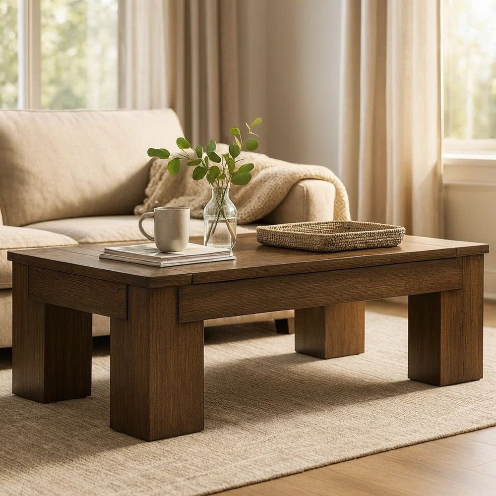 Wain Lift Top Cocktail Coffee Table, 54 Inch Rustic Brown Solid Wood -BM327374