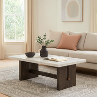 Haus Cocktail Coffee Table, Marble Top, Panel Legs, 52 Inch Brown Wood -BM327381