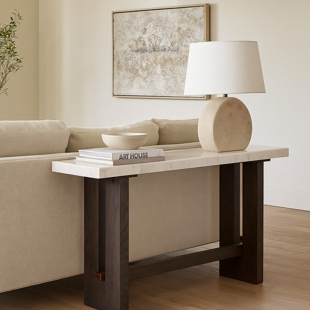 Haus Sofa Console Table, Marble Top, Panel legs, 52 Inch Brown Wood -BM327383