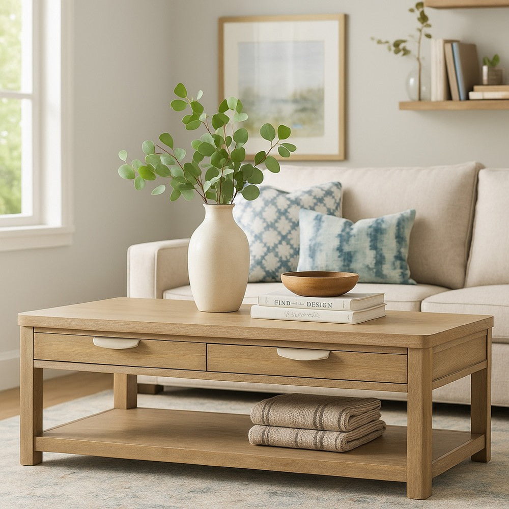 Renie Cocktail Coffee Table, 2 Drawer and Shelf, 56 Inch Brown Wood -BM327384