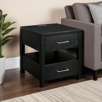 Wendy Side End Table, Open Cubby, Dual USB Ports, 24 Inch Black Wood -BM327386