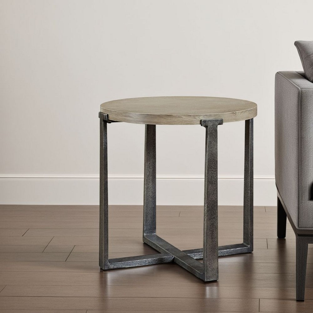 Dalen Side End Table, Round Gray Oak Veneer Top, Metal Base, 24 Inch -BM327394
