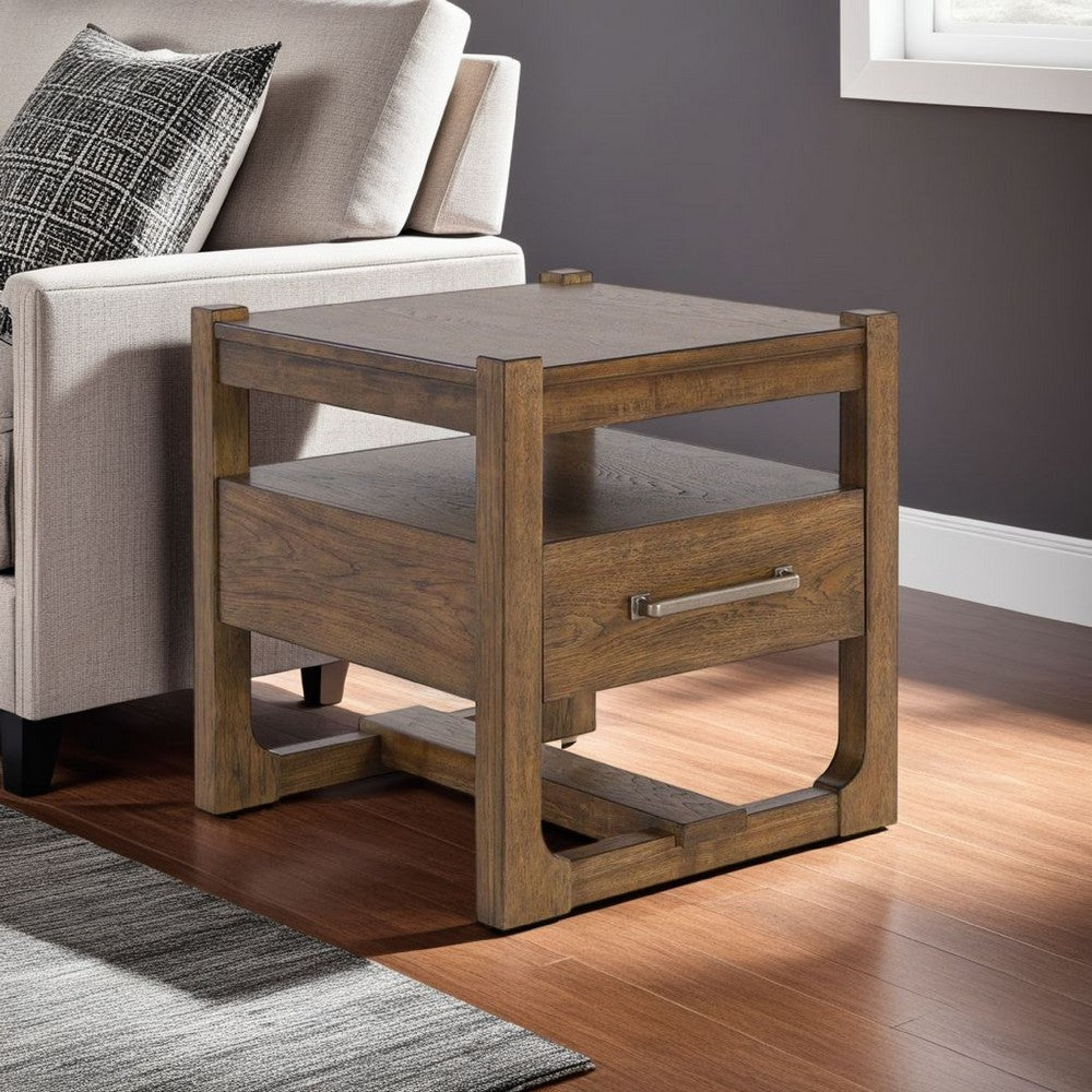 benzara Cabal Square Side End Table Drawer Shelf Light Brown Wood 24 Inch -BM327399