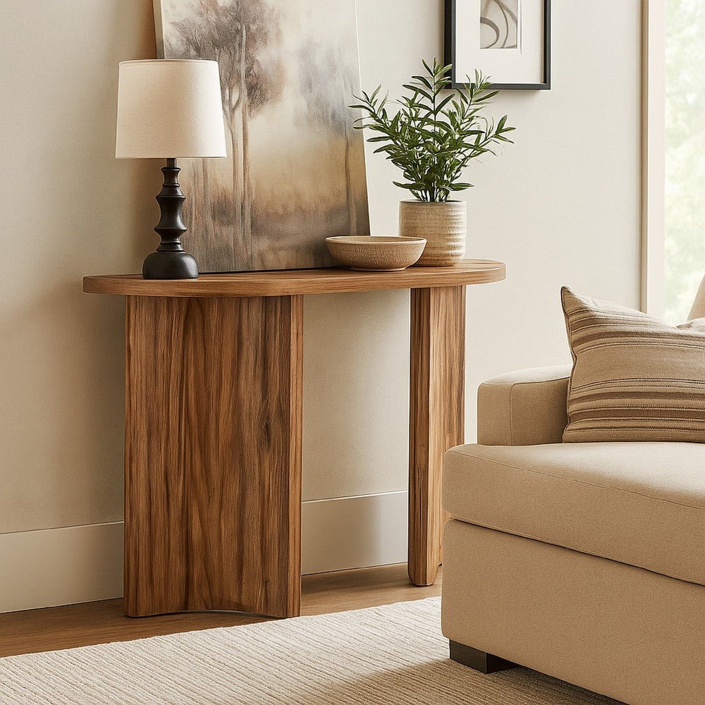 Anny Sofa Console Table, Curved Plinth Base, 52 Inch Brown Oak Wood -BM327430