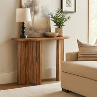 Anny Sofa Console Table, Curved Plinth Base, 52 Inch Brown Oak Wood -BM327430