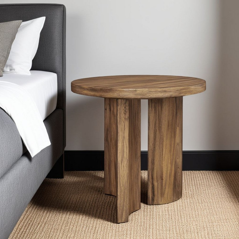 Anny Side End Table, Round Curved Plinth 24 Inch Warm Brown Oak Veneer -BM327431