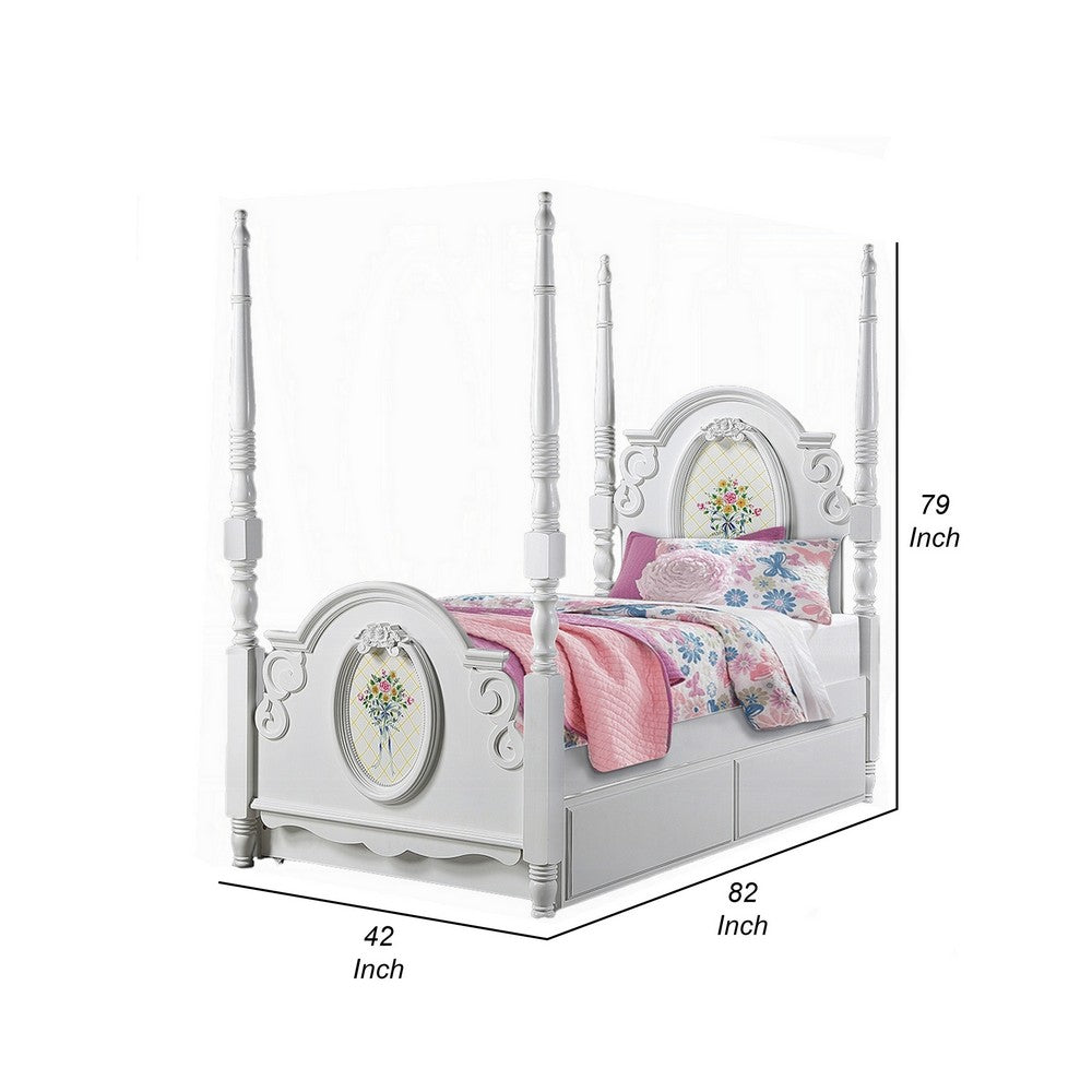 Auri Twin 4 Poster Princess Bed, Classic Arched Headboard, White Wood - BM327559
