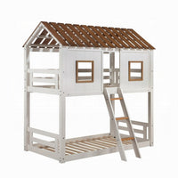 Nara Twin Size Bunk Bed, House Design with Ladder, White Rustic Wood - BM327573