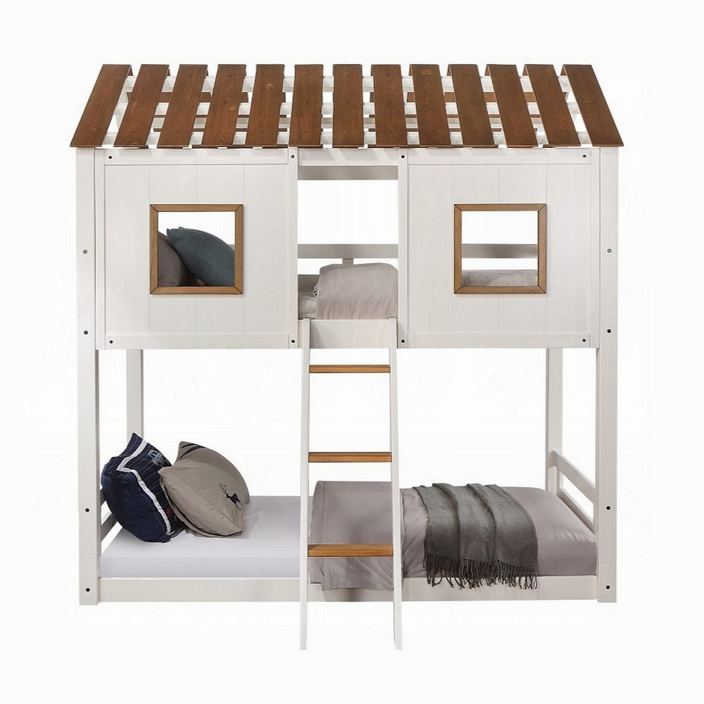 Nara Twin Size Bunk Bed, House Design with Ladder, White Rustic Wood - BM327573